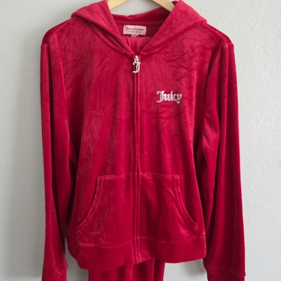 Juicy Couture Womens Red Velour Track Suit Set Hooded Jacket Jogger Pants Sz XXL - Picture 2 of 12